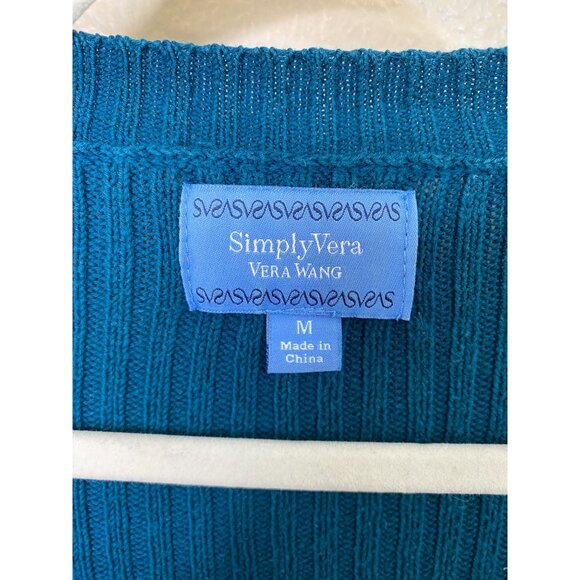 Simply Vera Vera Wang Women’s Teal Ribbed Cardigan Sweater M Button-Front Cotton - Picture 4 of 8
